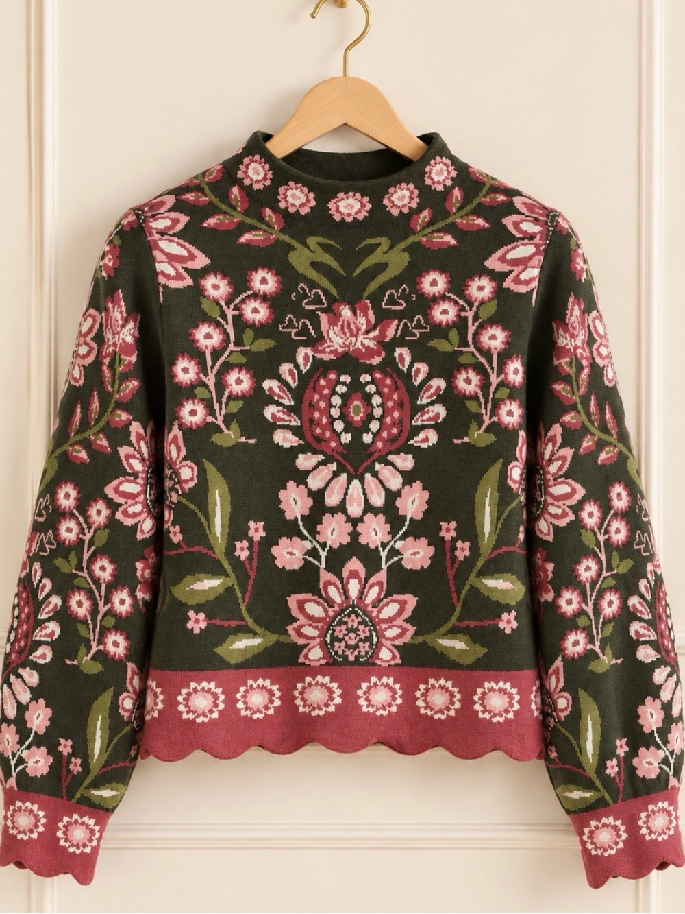 LOVE! NWT Olive Pink Floral Mock Neck Scalloped Fall Sweater Boutique Tuckernuck
